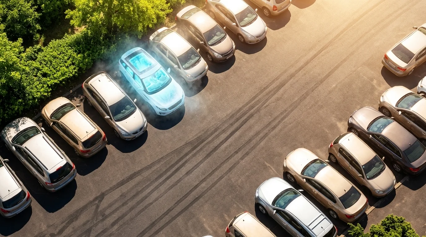 Parking w upalny dzień — auto z działającą klimatyzacją